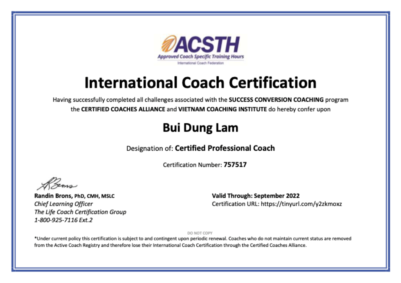 Chứng nhận ACSTH International Coach Certification